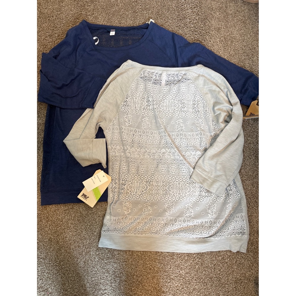 MV Sport Lace Back Raglan Tops Womens L Blue Grey NWT 2 Pack Crochet Knit W15408